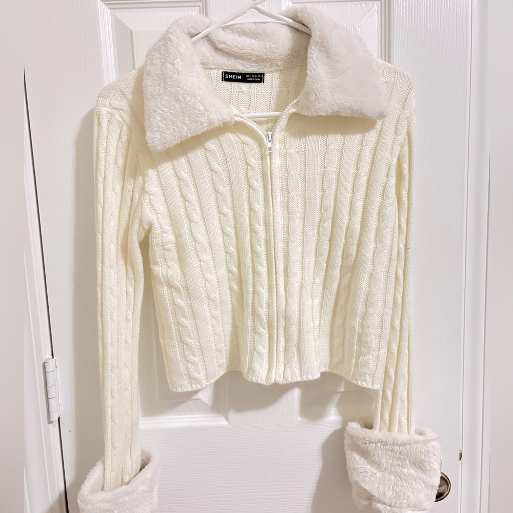 Cropped White Fur Zip Cardigan